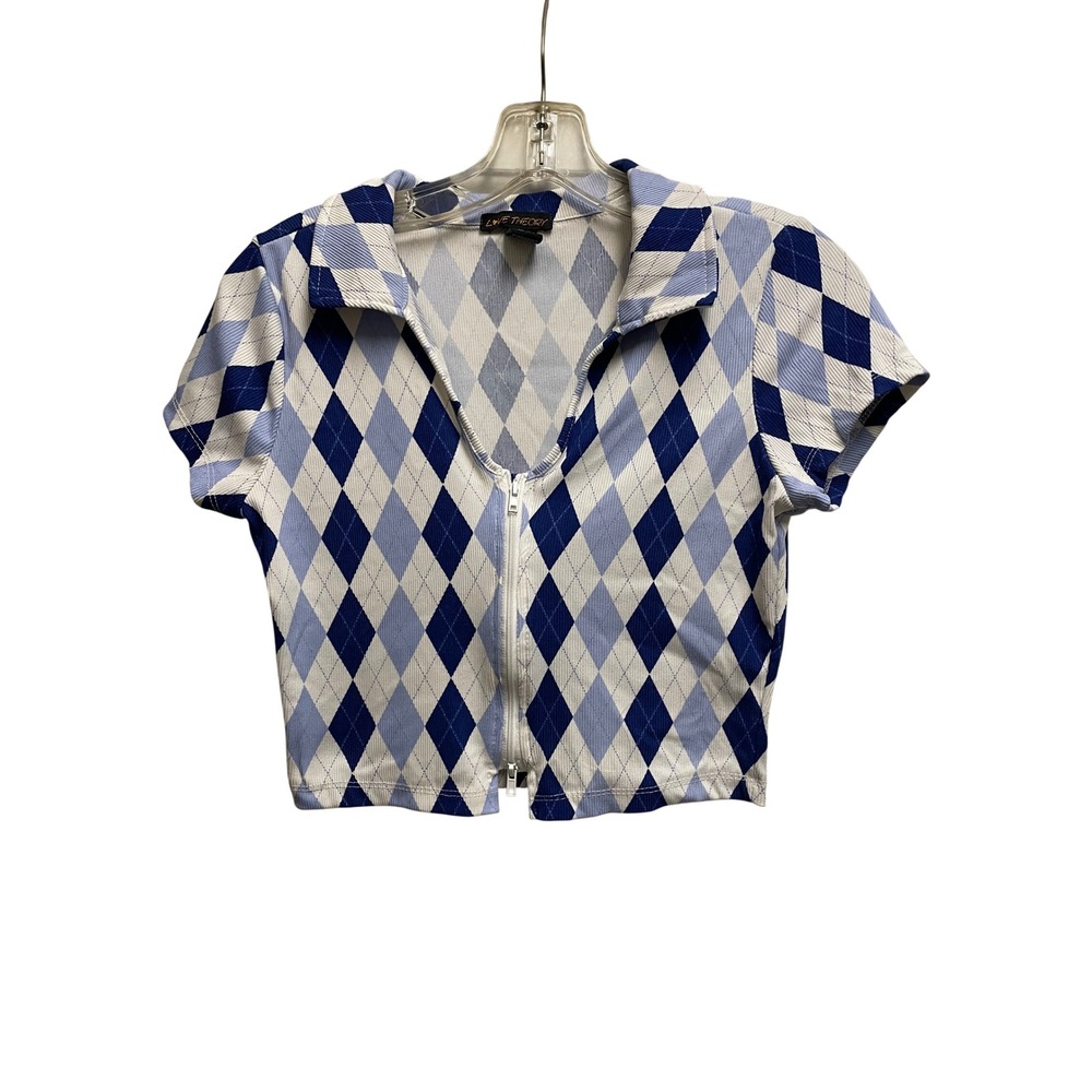 Love Theory Blue Argyle Crop Top Zip Front Short Sleeve Collar Medium